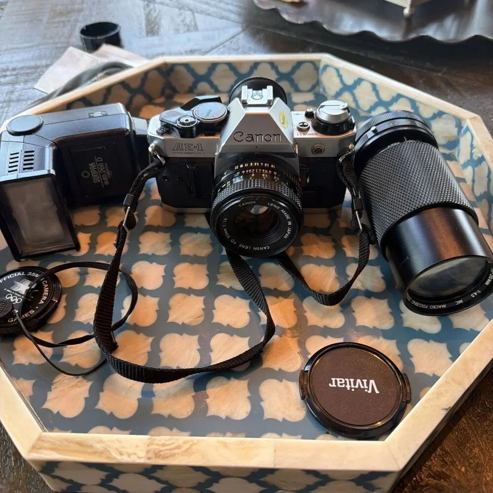 Canon AE-1 Program 35mm SLR Film Camera with 50mm Lens Kit Flash 70-210 Mm Lens